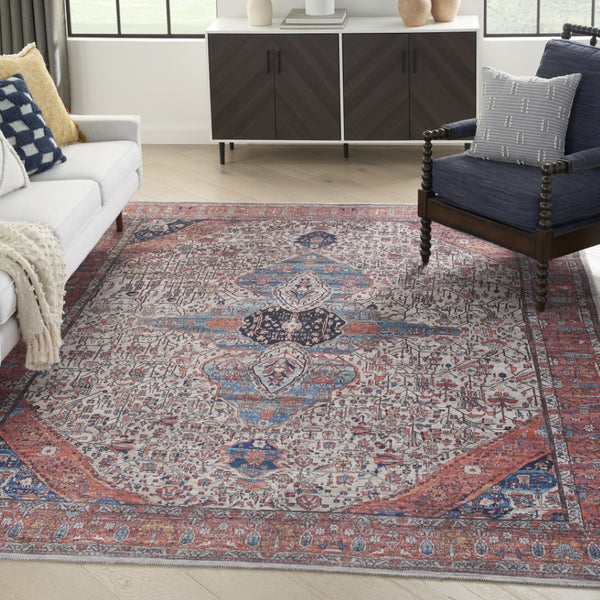 HomeRoots 5' Red and Ivory Oriental Area Rug - Distressed Vintage Design, Washable, Non-Skid & Durable 5' X 8' 533297