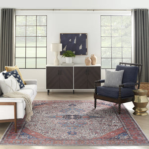 Homeroots 5' X 7' Red And Ivory Oriental Power Loom Distressed Washable Non Skid Area Rug  Polyester 533297