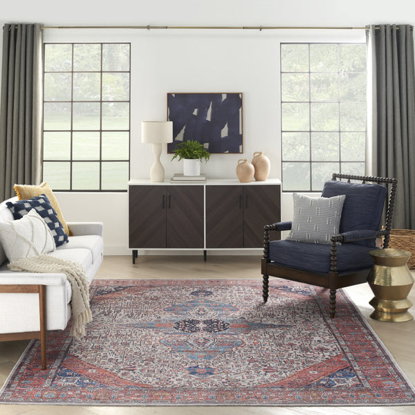 Homeroots 5' X 7' Red And Ivory Oriental Power Loom Distressed Washable Non Skid Area Rug  Polyester 533297