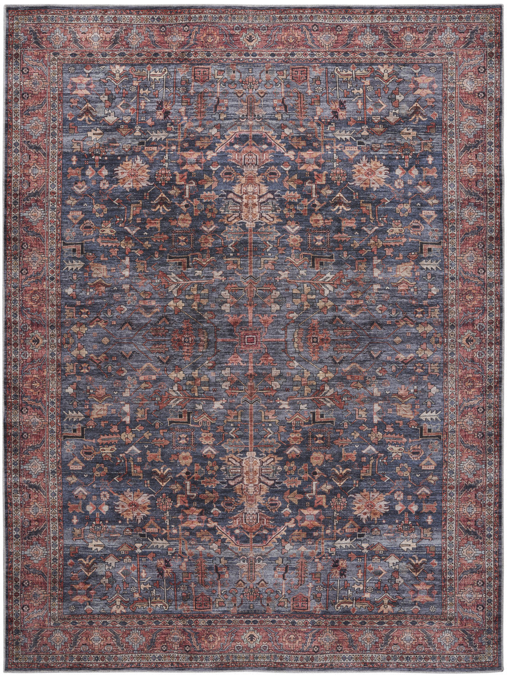 Homeroots 5' X 7' Blue And Red Oriental Power Loom Distressed Washable Non Skid Area Rug  Polyester 533298