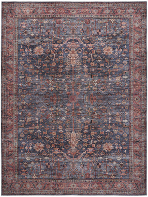 Homeroots 5' X 7' Blue And Red Oriental Power Loom Distressed Washable Non Skid Area Rug  Polyester 533298