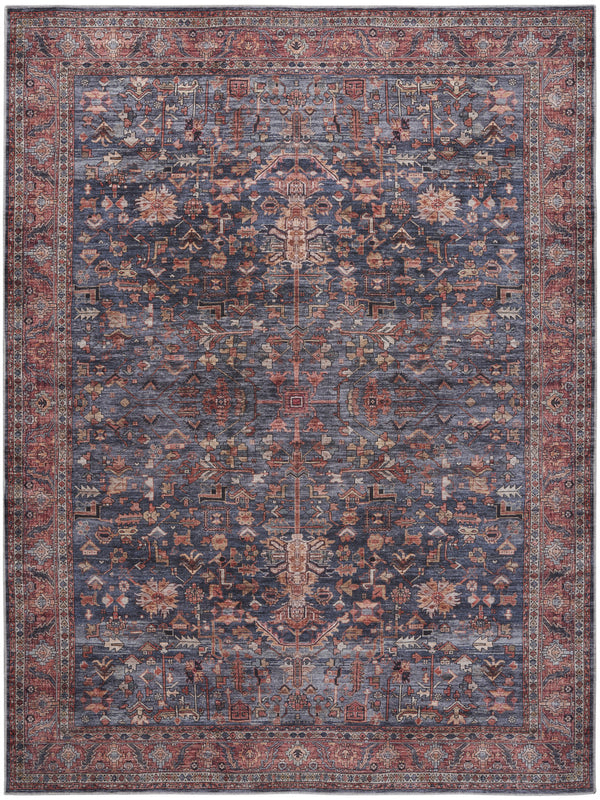 Homeroots 5' X 7' Blue And Red Oriental Power Loom Distressed Washable Non Skid Area Rug  Polyester 533298