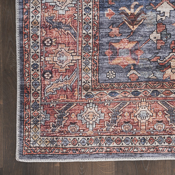 Homeroots 5' X 7' Blue And Red Oriental Power Loom Distressed Washable Non Skid Area Rug  Polyester 533298