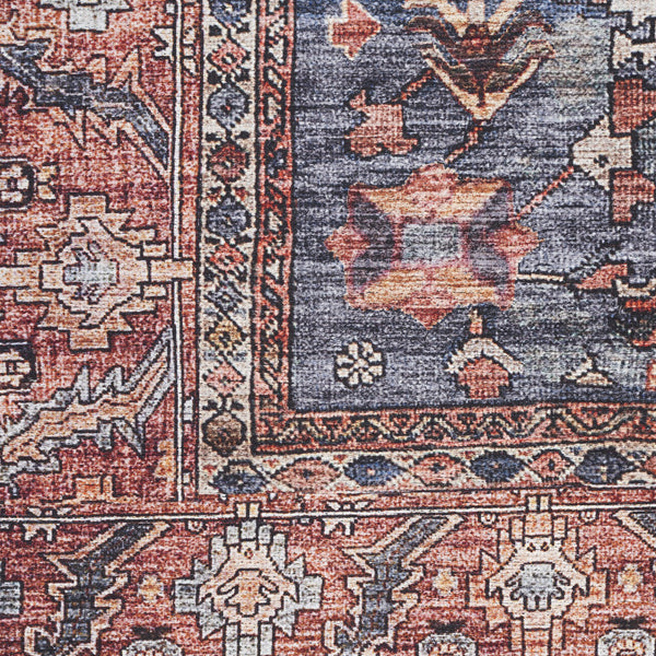 Homeroots 5' X 7' Blue And Red Oriental Power Loom Distressed Washable Non Skid Area Rug  Polyester 533298