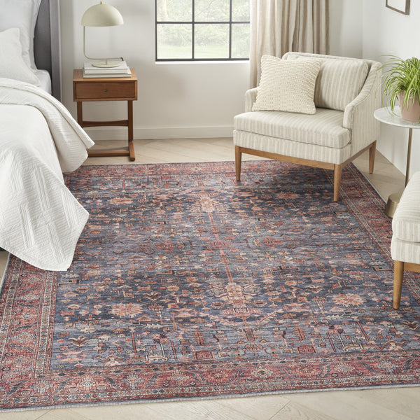 Homeroots 5' X 7' Blue And Red Oriental Power Loom Distressed Washable Non Skid Area Rug  Polyester 533298