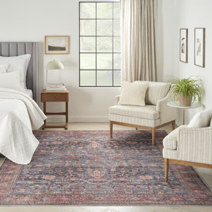 HomeRoots 5' Blue and Red Oriental Area Rug - Distressed Power Loom Design, Washable, Non-Skid, Stylish Decor 5' X 8' 533298