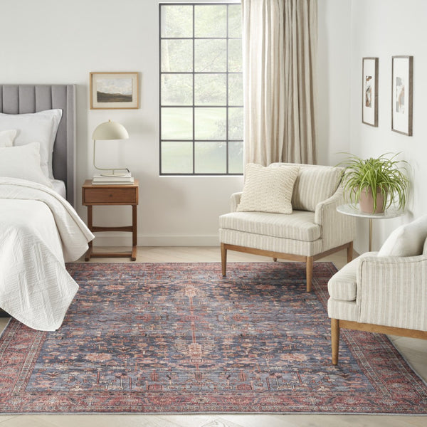 HomeRoots 5' Blue and Red Oriental Area Rug - Distressed Power Loom Design, Washable, Non-Skid, Stylish Decor 5' X 8' 533298