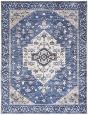 Homeroots 5' X 7' Blue And Beige Oriental Power Loom Distressed Washable Non Skid Area Rug  Polyester 533299