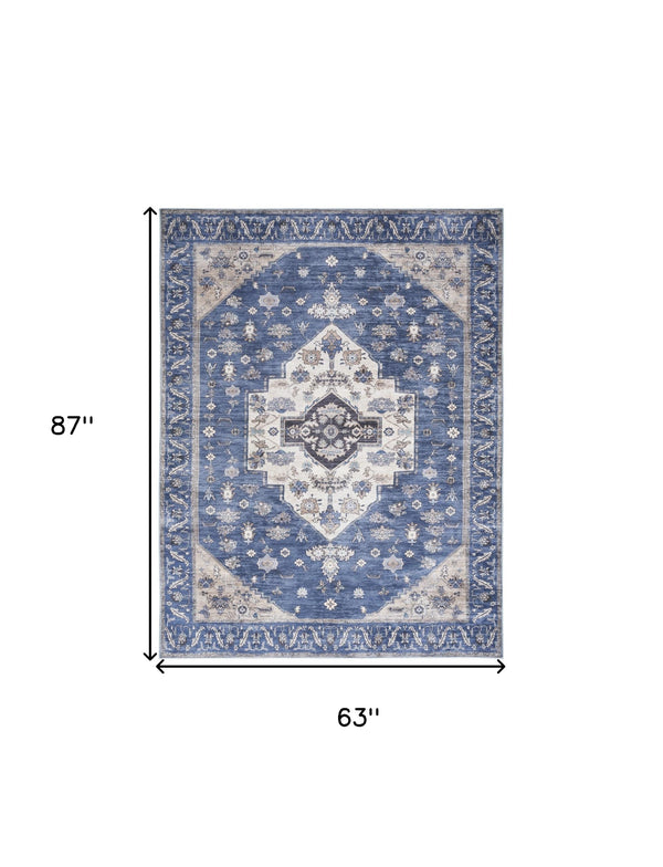 Homeroots 5' X 7' Blue And Beige Oriental Power Loom Distressed Washable Non Skid Area Rug  Polyester 533299