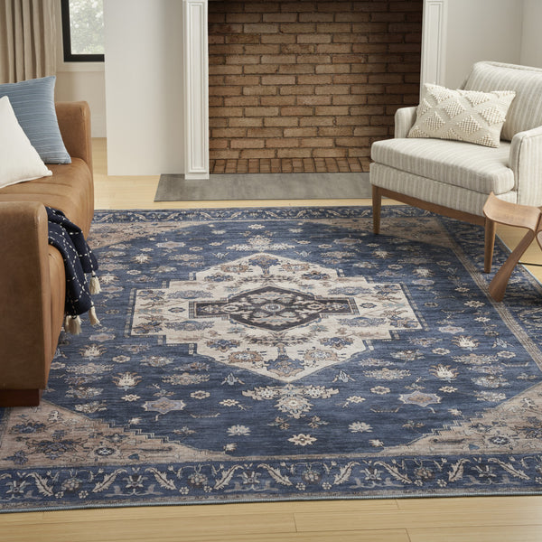 Homeroots 5' X 7' Blue And Beige Oriental Power Loom Distressed Washable Non Skid Area Rug  Polyester 533299