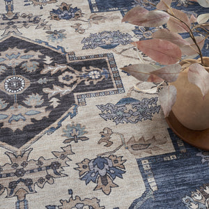 Homeroots 5' X 7' Blue And Beige Oriental Power Loom Distressed Washable Non Skid Area Rug  Polyester 533299