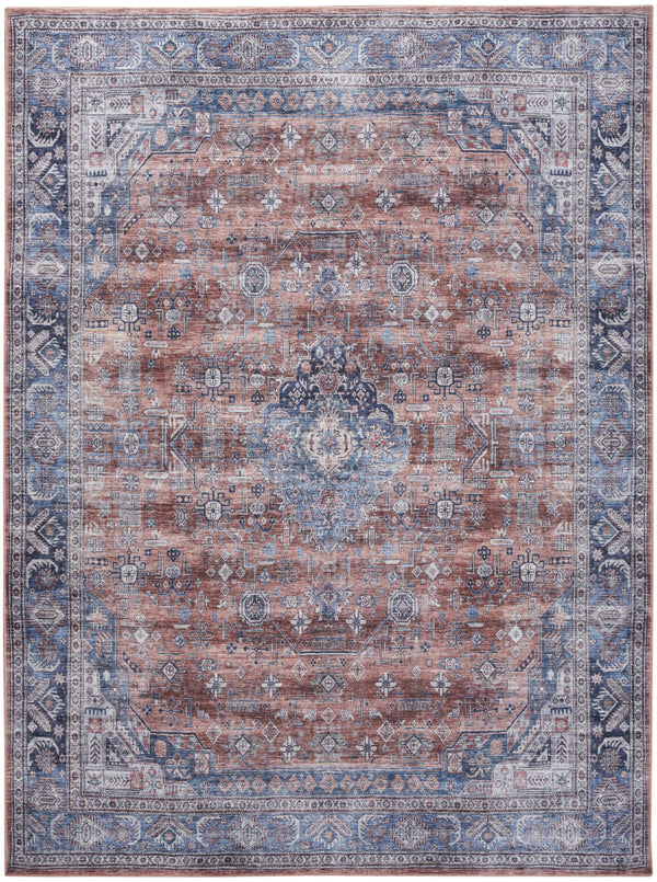 Homeroots 5' X 7' Blue And Red Oriental Power Loom Distressed Washable Non Skid Area Rug  Polyester 533300