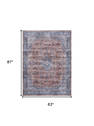 Homeroots 5' X 7' Blue And Red Oriental Power Loom Distressed Washable Non Skid Area Rug  Polyester 533300