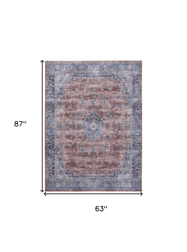 Homeroots 5' X 7' Blue And Red Oriental Power Loom Distressed Washable Non Skid Area Rug  Polyester 533300