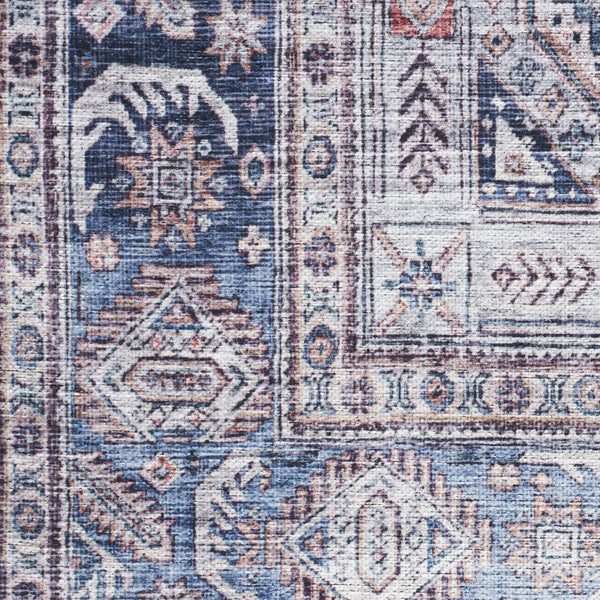HomeRoots 5' Blue and Red Oriental Area Rug - Distressed Power Loom Design, Washable, Non-Skid for Easy Care 5' X 8' 533300