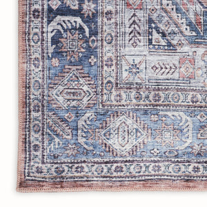 HomeRoots 5' Blue and Red Oriental Area Rug - Distressed Power Loom Design, Washable, Non-Skid for Easy Care 5' X 8' 533300