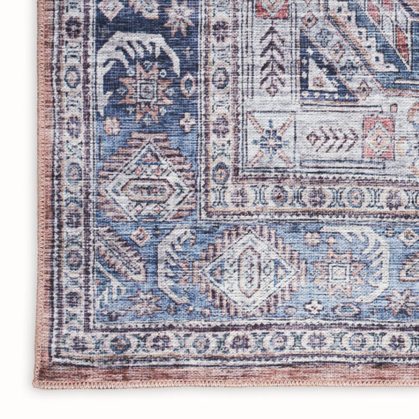 HomeRoots 5' Blue and Red Oriental Area Rug - Distressed Power Loom Design, Washable, Non-Skid for Easy Care 5' X 8' 533300