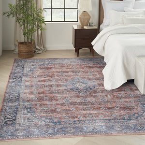 HomeRoots 5' Blue and Red Oriental Area Rug - Distressed Power Loom Design, Washable, Non-Skid for Easy Care 5' X 8' 533300