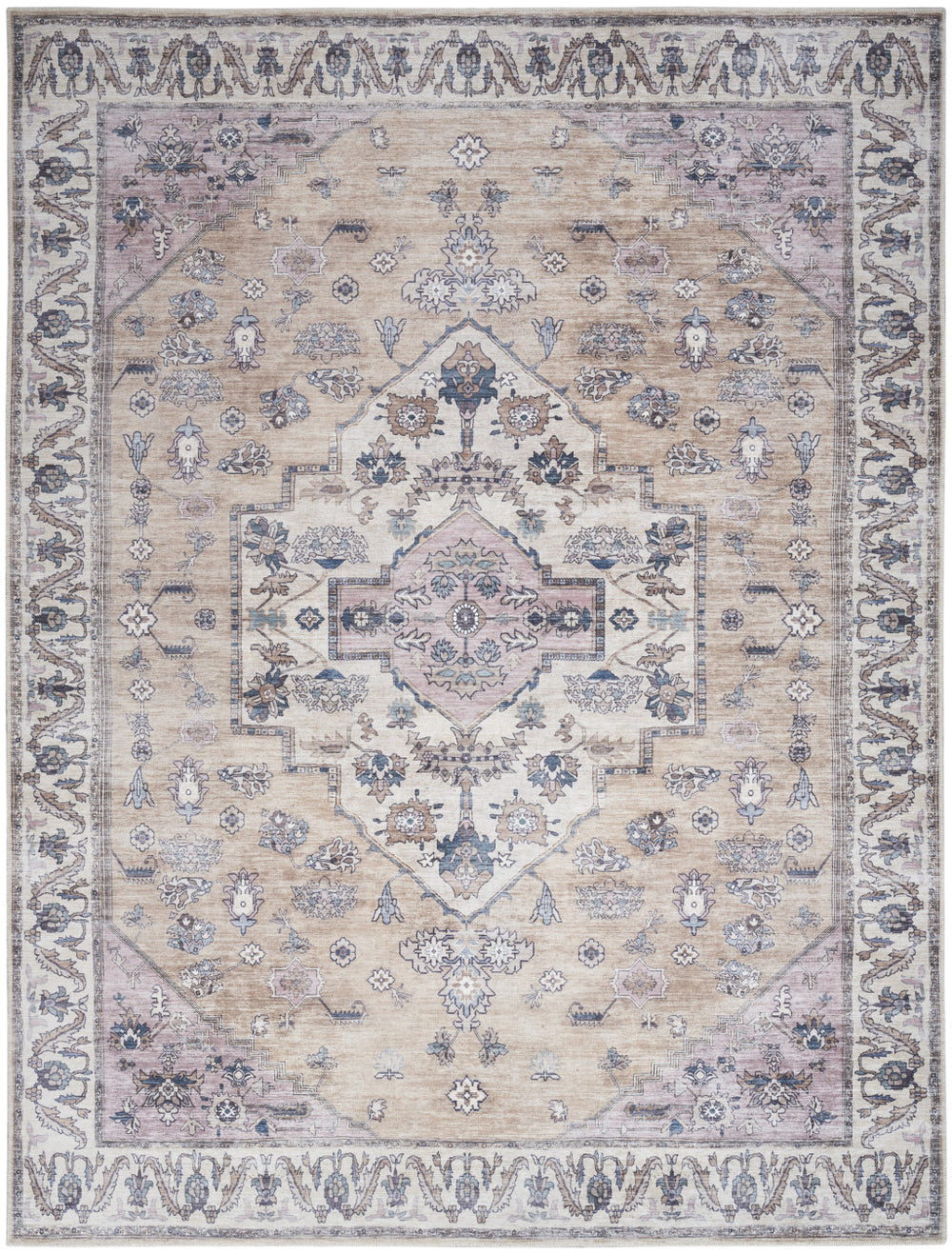 Homeroots 5' X 7' Beige And Gray Oriental Power Loom Distressed Washable Non Skid Area Rug  Polyester 533301