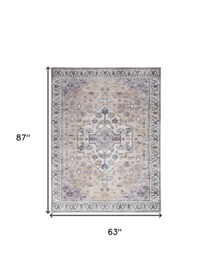 Homeroots 5' X 7' Beige And Gray Oriental Power Loom Distressed Washable Non Skid Area Rug  Polyester 533301