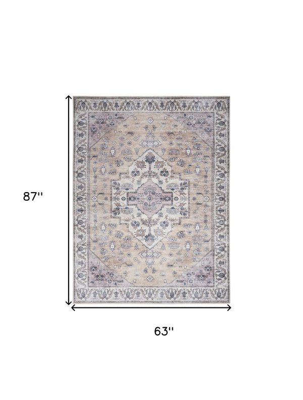 Homeroots 5' X 7' Beige And Gray Oriental Power Loom Distressed Washable Non Skid Area Rug  Polyester 533301
