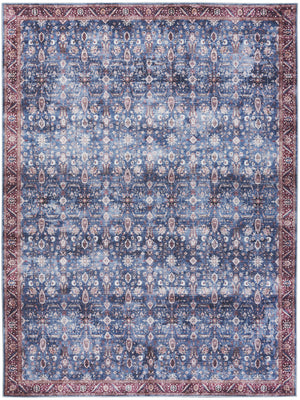 Homeroots 5' X 7' Blue And Red Oriental Power Loom Distressed Washable Non Skid Area Rug  Polyester 533302