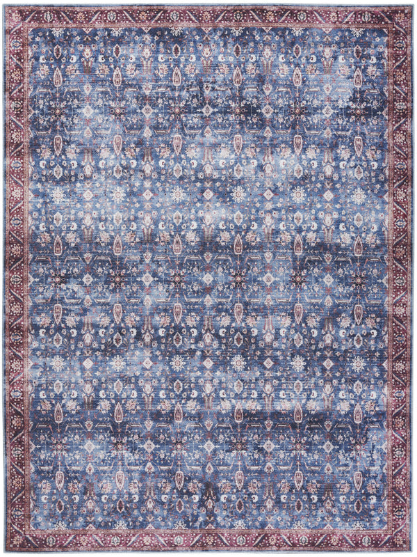 Homeroots 5' X 7' Blue And Red Oriental Power Loom Distressed Washable Non Skid Area Rug  Polyester 533302