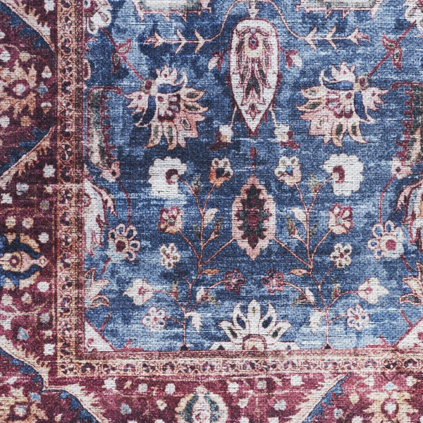 HomeRoots 5' Blue and Red Oriental Area Rug - Distressed Power Loomed, Washable, Non-Skid for Easy Care 5' X 8' 533302