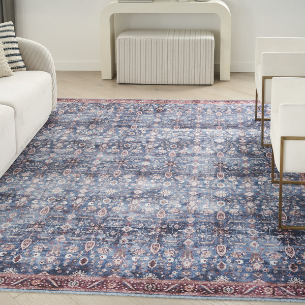 Homeroots 5' X 7' Blue And Red Oriental Power Loom Distressed Washable Non Skid Area Rug  Polyester 533302
