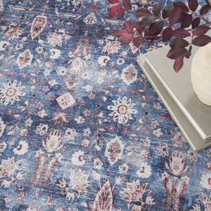 Homeroots 5' X 7' Blue And Red Oriental Power Loom Distressed Washable Non Skid Area Rug  Polyester 533302