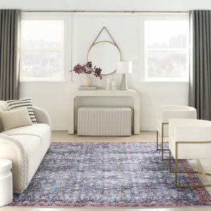 HomeRoots 5' Blue and Red Oriental Area Rug - Distressed Power Loomed, Washable, Non-Skid for Easy Care 5' X 8' 533302