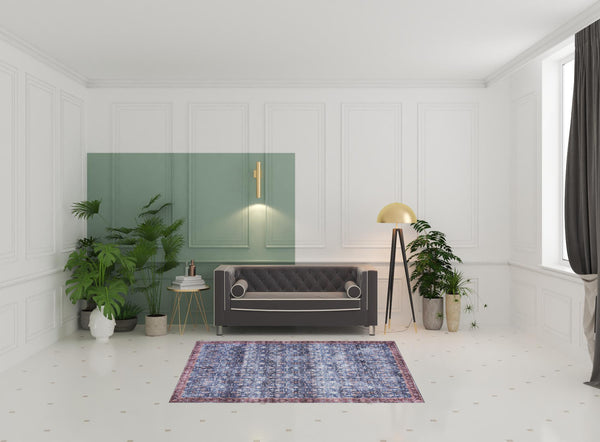 Homeroots 5' X 7' Blue And Red Oriental Power Loom Distressed Washable Non Skid Area Rug  Polyester 533302