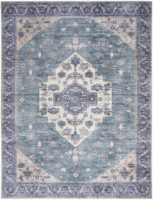 Homeroots 5' X 7' Blue And Green Oriental Power Loom Distressed Washable Non Skid Area Rug  Polyester 533303