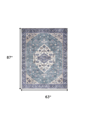 Homeroots 5' X 7' Blue And Green Oriental Power Loom Distressed Washable Non Skid Area Rug  Polyester 533303
