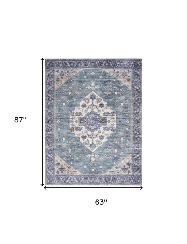 Homeroots 5' X 7' Blue And Green Oriental Power Loom Distressed Washable Non Skid Area Rug  Polyester 533303