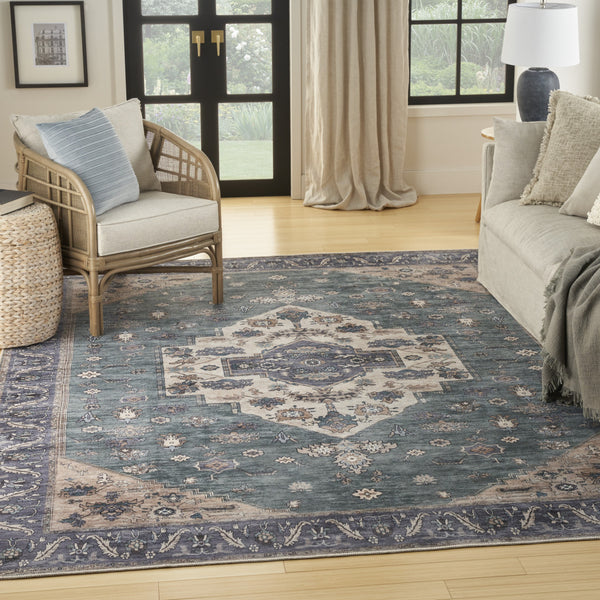 Homeroots 5' X 7' Blue And Green Oriental Power Loom Distressed Washable Non Skid Area Rug  Polyester 533303