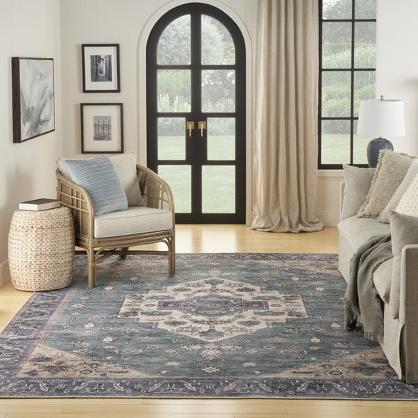 Homeroots 5' X 7' Blue And Green Oriental Power Loom Distressed Washable Non Skid Area Rug  Polyester 533303