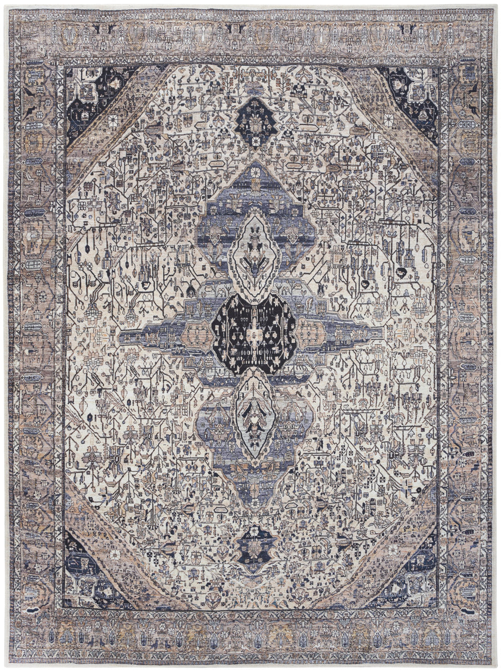 Homeroots 5' X 7' Ivory And Blue Oriental Power Loom Distressed Washable Non Skid Area Rug  Polyester 533304