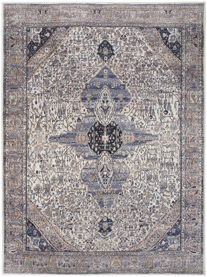 Homeroots 5' X 7' Ivory And Blue Oriental Power Loom Distressed Washable Non Skid Area Rug  Polyester 533304