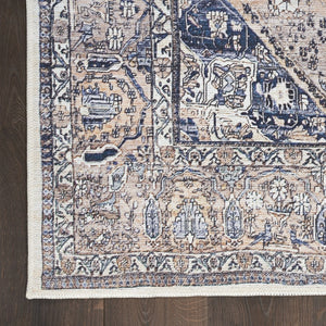 HomeRoots 5' Ivory and Blue Oriental Area Rug - Power Loomed, Distressed, Washable, Non-Skid for Easy Care 5' X 8' 533304