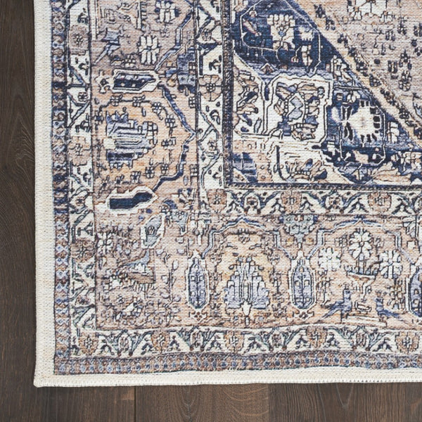 HomeRoots 5' Ivory and Blue Oriental Area Rug - Power Loomed, Distressed, Washable, Non-Skid for Easy Care 5' X 8' 533304