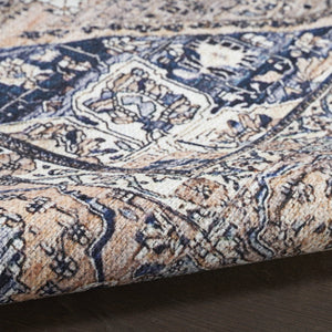 HomeRoots 5' Ivory and Blue Oriental Area Rug - Power Loomed, Distressed, Washable, Non-Skid for Easy Care 5' X 8' 533304