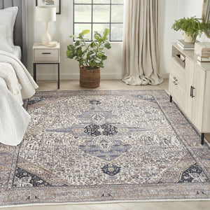 HomeRoots 5' Ivory and Blue Oriental Area Rug - Power Loomed, Distressed, Washable, Non-Skid for Easy Care 5' X 8' 533304