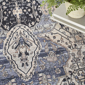 Homeroots 5' X 7' Ivory And Blue Oriental Power Loom Distressed Washable Non Skid Area Rug  Polyester 533304