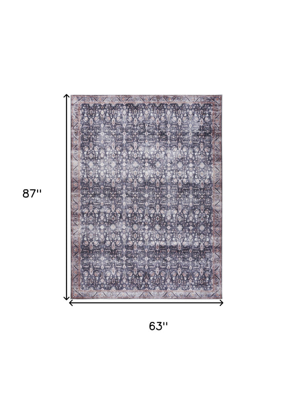 Homeroots 5' X 7' Blue And Ivory Oriental Power Loom Distressed Washable Non Skid Area Rug  Polyester 533306