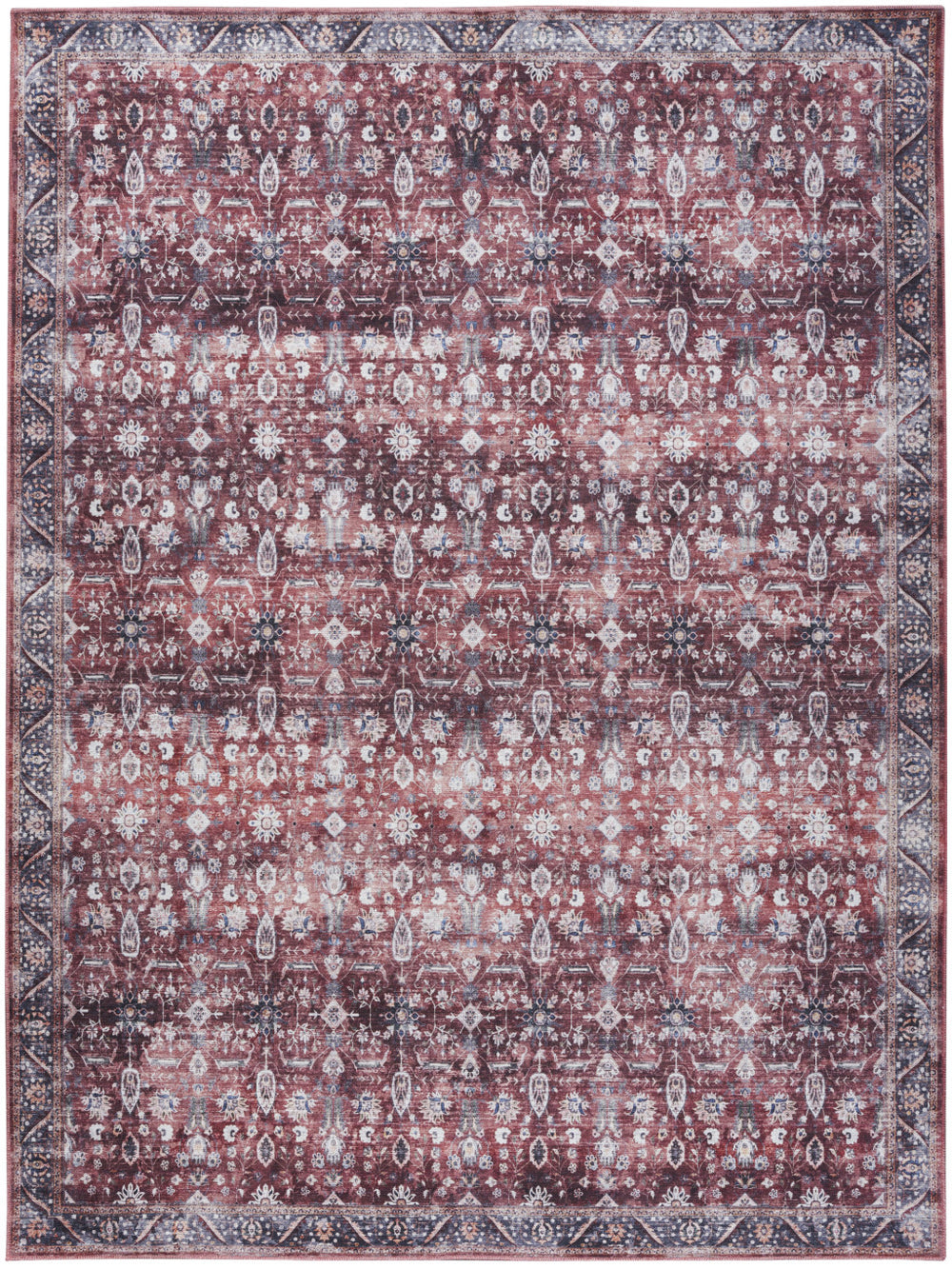 Homeroots 5' X 7' Red And Ivory Oriental Power Loom Distressed Washable Non Skid Area Rug  Polyester 533307