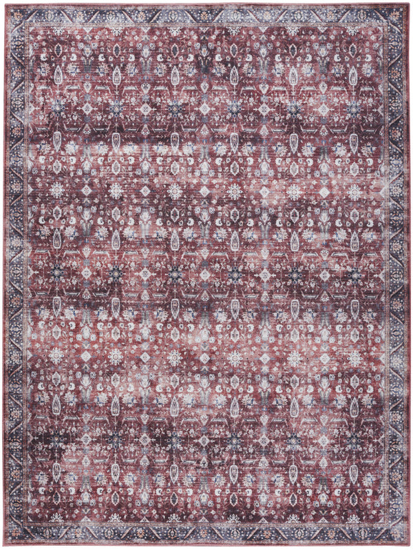 Homeroots 5' X 7' Red And Ivory Oriental Power Loom Distressed Washable Non Skid Area Rug  Polyester 533307