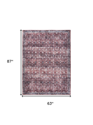 Homeroots 5' X 7' Red And Ivory Oriental Power Loom Distressed Washable Non Skid Area Rug  Polyester 533307