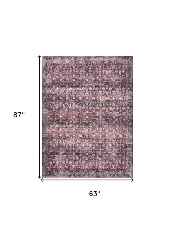 Homeroots 5' X 7' Red And Ivory Oriental Power Loom Distressed Washable Non Skid Area Rug  Polyester 533307