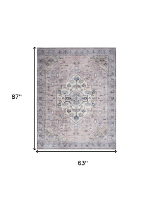 Homeroots 5' X 7' Pink And Blue Oriental Power Loom Distressed Washable Non Skid Area Rug  Polyester 533308